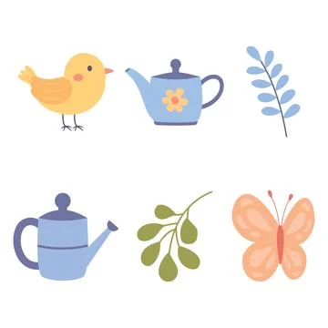 Elements Set of Bird Butterfly with Flower Floral and Watering Plant in the.. Stock Illustration