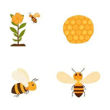 Elements Set of Honeybee Bee Insect Animal with Honeycomb Flower Plant Stock Illustration