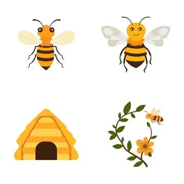 Elements Set of Honeybee Bee Insect Animal with Honeycomb Flower Plant 库存插图