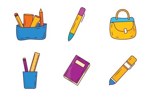 Elements Set of School Stationery Tool and Equipment with Book Pencil Bag Stock Illustration