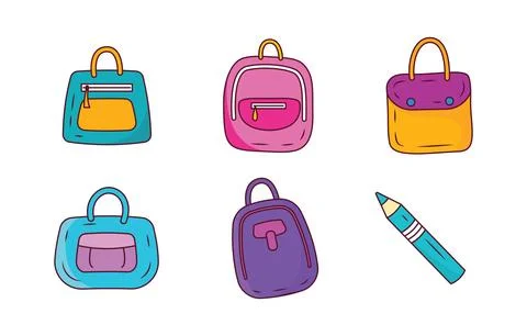 Elements Set of School Stationery Tool and Equipment with Pencil Pen Bag Stock Illustration