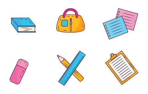 Elements Set of School Stationery Tool and Equipment with Book Pencil Bag Stock Illustration