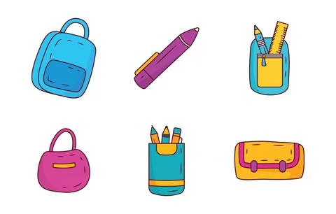 Elements Set of School Stationery Tool and Equipment with Pencil Pen Bag Stock Illustration