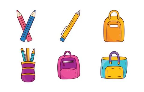 Elements Set of School Stationery Tool and Equipment with Pencil Pen Bag Stock Illustration