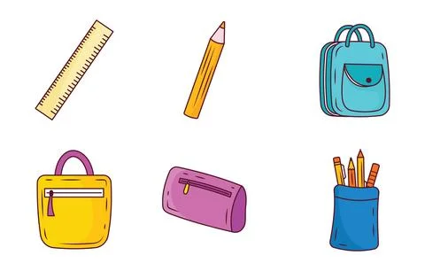 Elements Set of School Stationery Tool and Equipment with Pencil Pen Bag Stock Illustration