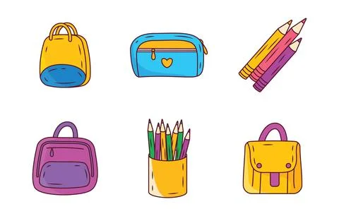 Elements Set of School Stationery Tool and Equipment with Pencil Pen Bag Stock Illustration