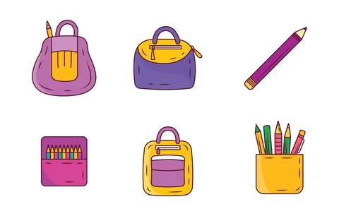 Elements Set of School Stationery Tool and Equipment with Pencil Pen Bag Stock Illustration