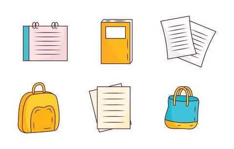 Elements Set of School Stationery Tool and Equipment with Book Paper Bag Stock Illustration