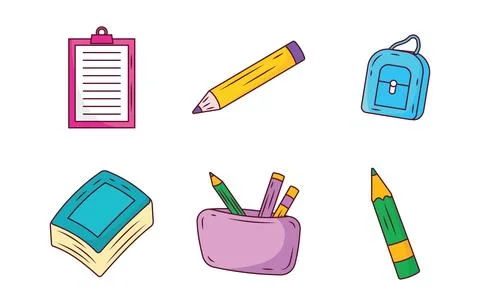 Elements Set of School Stationery Tool and Equipment with Book Pencil Bag Stock Illustration