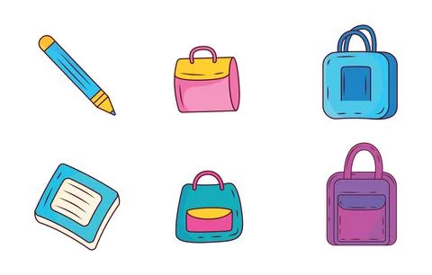 Elements Set of School Stationery Tool and Equipment with Book Pencil Bag Stock Illustration
