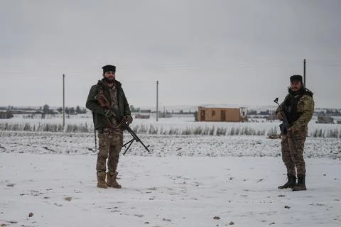 Elements of the Syrian army deploy near the front lines with the Syrian Democrat Stock Photos