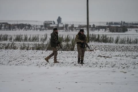 Elements of the Syrian army deploy near the front lines with the Syrian Democrat Stock Photos