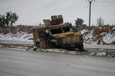 Elements of the Syrian army deploy near the front lines with the Syrian Democrat Stock Photos