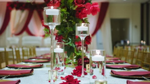 Elements table decoration. A hall for celebrations. move camera wide shot Video stock 260871861