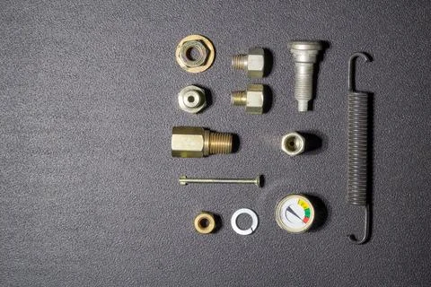 Elements of various metal fasteners of objects and products for design soluti Stock Photos
