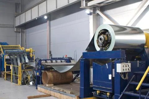 Elements of various sections of the galvanized steel processing line in rolls Stock-Fotos