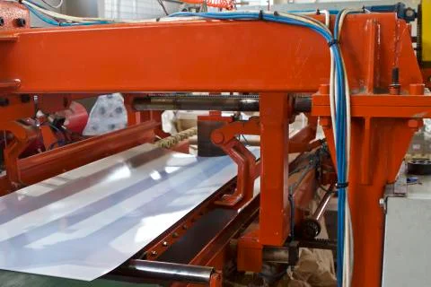 Elements of various sections of the galvanized steel processing line in rolls Fotos Stock
