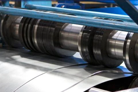Elements of various sections of the galvanized steel processing line in rolls Fotos de archivo