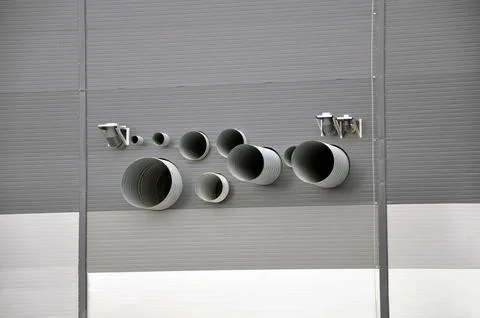Elements of various ventilation systems in the wall of an industrial building. Stock Photos