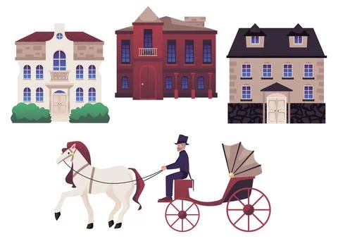 Elements of Victorian city vector illustrations set, castles and buildings Stock Illustration