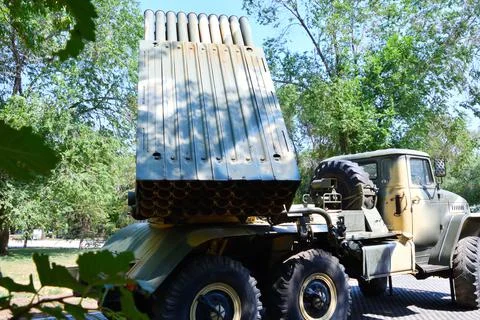 Elements of vintage multiple launch rocket system "Grad" 库存照片