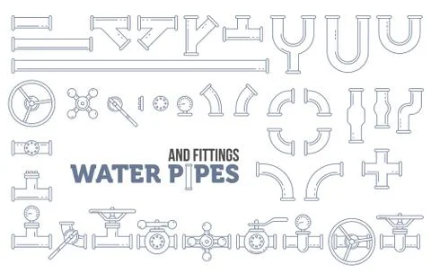 Elements of a waterpipe. Pipes, cranes. Linear design. Stock Illustration