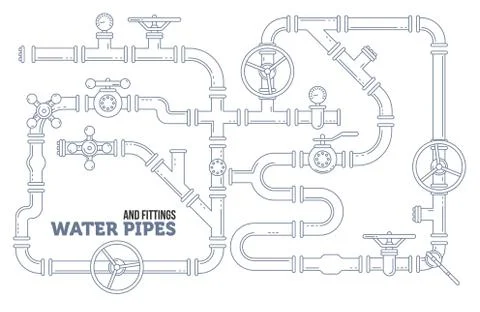 Elements of a waterpipe. Pipes, cranes. Linear design. Stock Illustration
