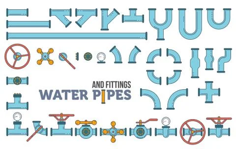 Elements of a waterpipe. Pipes, cranes. Linear design. Stock Illustration