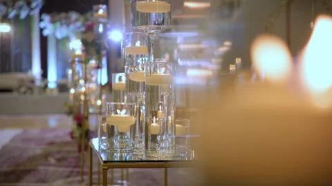 Elements of wedding. Many decorative candles and decorations on the table. Move Stock Footage 287017585