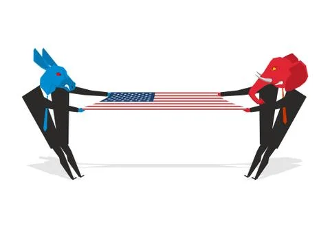 Elephant and donkey pulled american flag. Democrats and Republicans share ele Stock Illustration