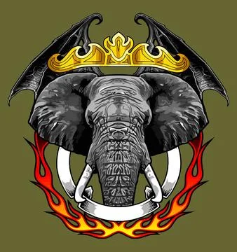 Elephant and fire on the background of bat wings Stock Illustration