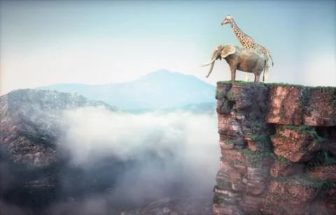 Elephant and giraffe sitting on edge of a cliff and admiring the mountain  .. Illustrazione stock