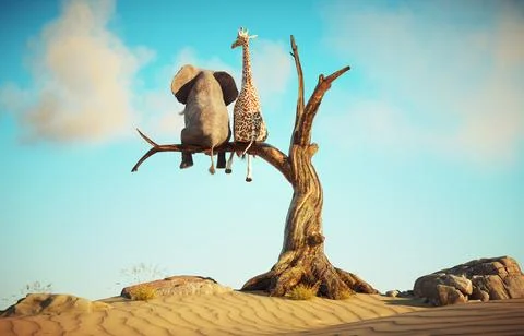 Elephant and giraffe stands on thin branch of withered tree in surreal land.. Stock Illustration