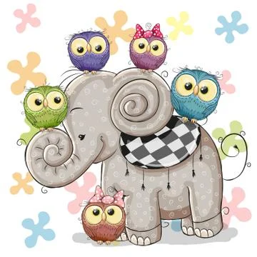 Elephant and Owls Stock Illustration