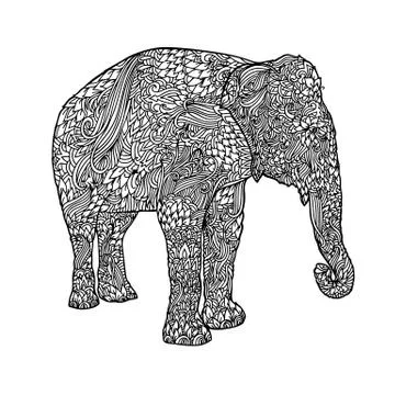 Elephant in asian style. Mandala pattern for adult coloring book. Vector black 스톡 일러스트
