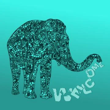 Elephant in asian style. Mandala pattern on blue gradient background. Welcome Stock Illustration
