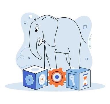 Elephant Balancing Gears and Blocks with Symbols Illustrazione stock