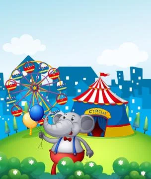 An elephant with balloons in front of a carnival Ilustración de archivo