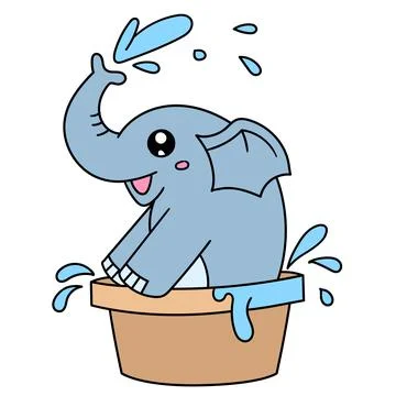 Elephant is bathing having fun, doodle kawaii. doodle icon image Stock Illustration