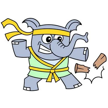 Elephant beast is practicing karate breaking wood, doodle icon image kawaii Stock-Illustration