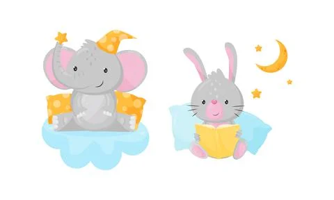 Elephant in Bed Cap Sitting on Soft Cloud and Hare Reading Book Vector Set Stock Illustration
