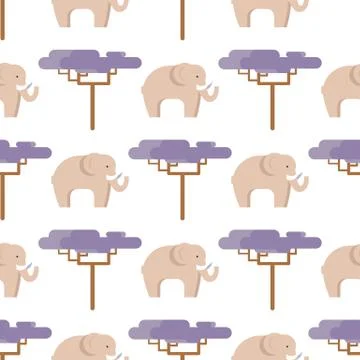 Elephant in Beige and Baobab Tree Seamless Pattern Illustrazione stock