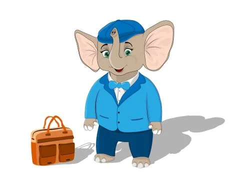 Elephant calf in a blue jacket and peaked cap with an orange briefcase Stock Illustration