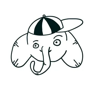 Elephant with cap in outline doodle style Stock Illustration