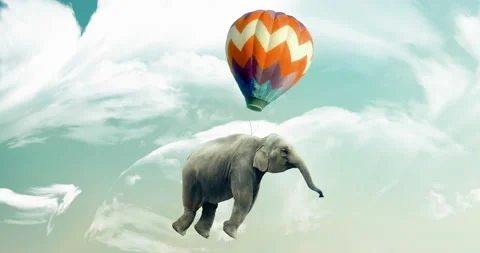 Elephant floating or flying with air balloon. Fantastic surreal animation Stock Footage 149686499