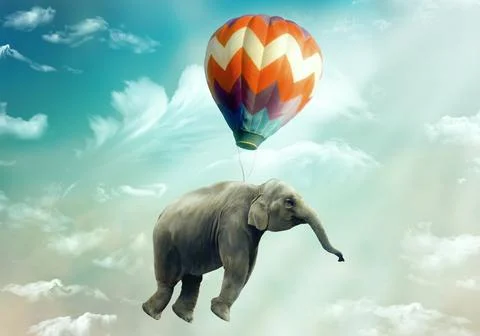 Elephant floating or flying with air balloon. Fantastic surreal illustration Stock Illustration