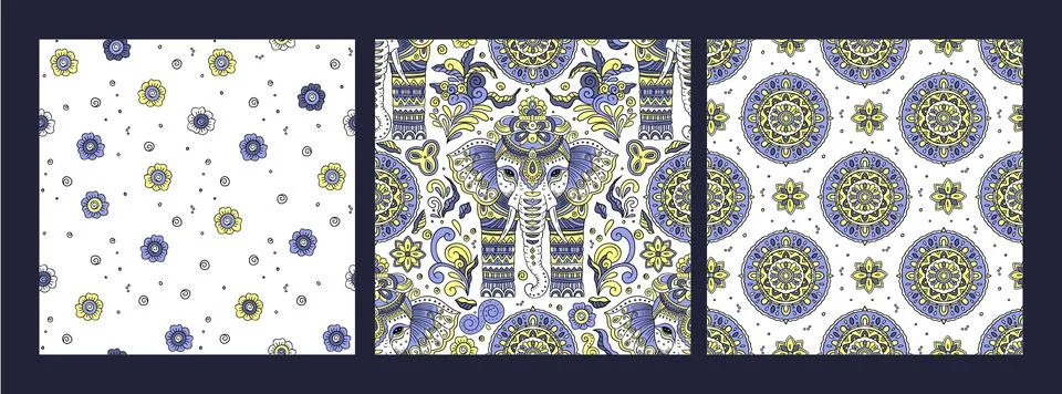 Elephant Floral Seamless Pattern Set Vector Stock Illustration