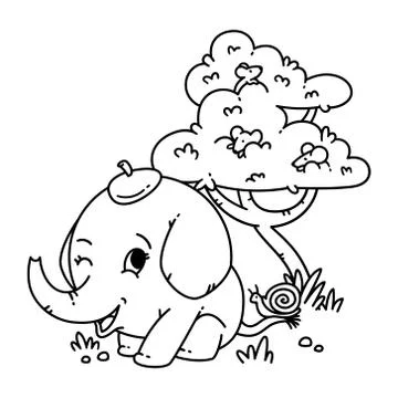 Elephant in a hat with snail on tail and mouse on a tree. Cartoon animal char Stock Illustration