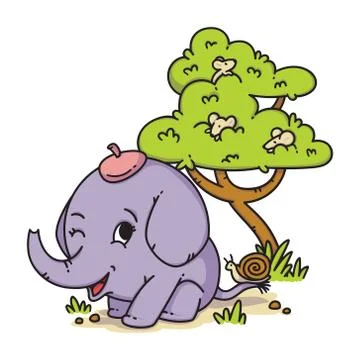 Elephant in a hat with snail on tail and mouse on a tree. Cartoon animal char Stock Illustration