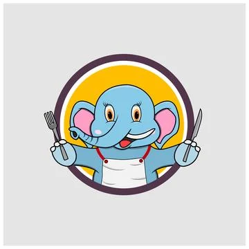 Elephant Head Circle Label Bring Fork and Knife Stock Illustration